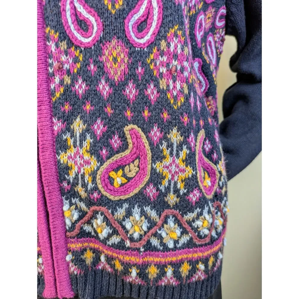 Joan Leslie Cardigan Sweater XL Berry Blue Paisley Embroidered Boho VTG NEW - Picture 7 of 12